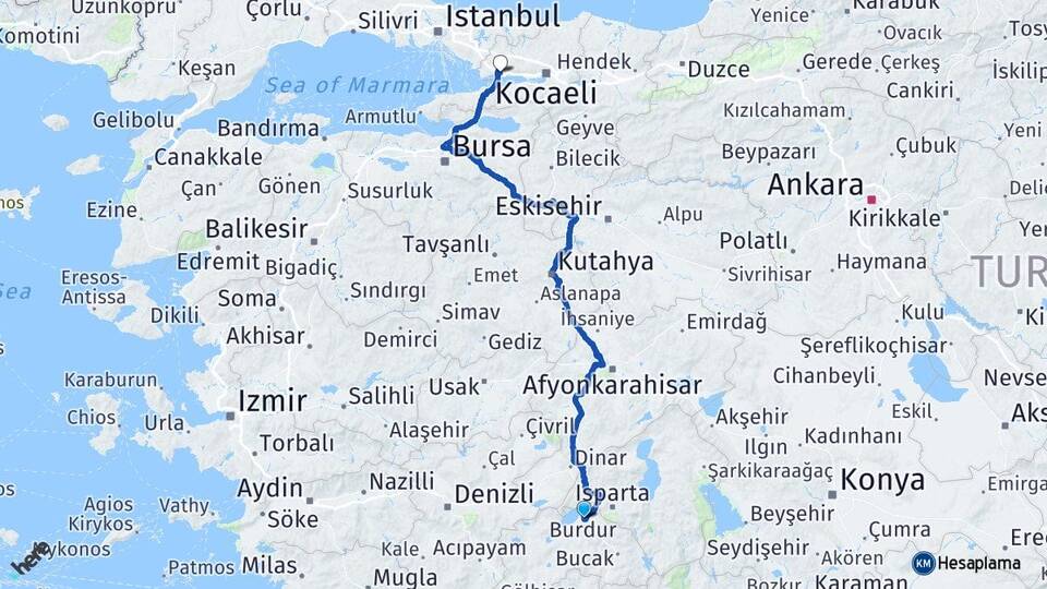 Burdur Dilovası Kocaeli Arası Kaç Km - Yol Haritası