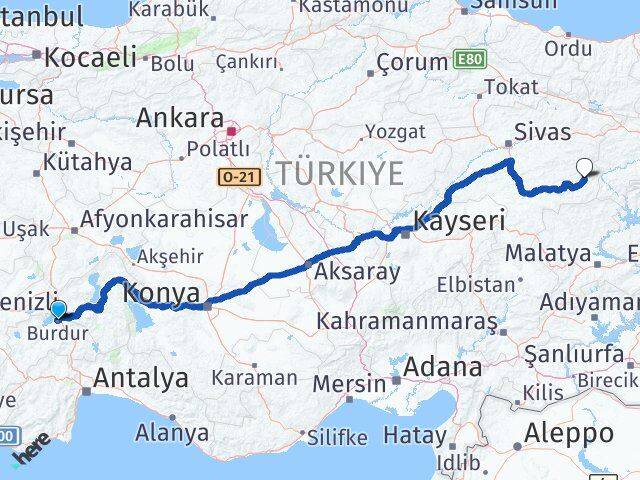 Burdur Divriği Sivas Arası Kaç Km - Yol Haritası
