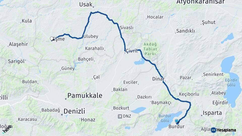 Burdur Eşme Uşak Arası Kaç Km - Yol Haritası