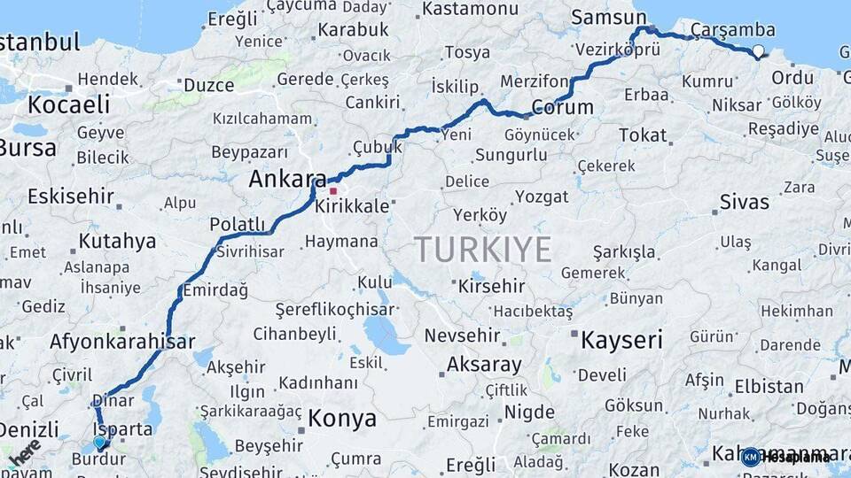 Burdur Fatsa Ordu Arası Kaç Km - Yol Haritası