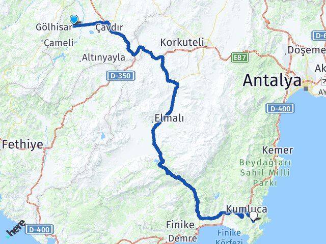 Burdur Gölhisar Adrasan Kumluca Antalya Arası Kaç Km - Yol Haritası