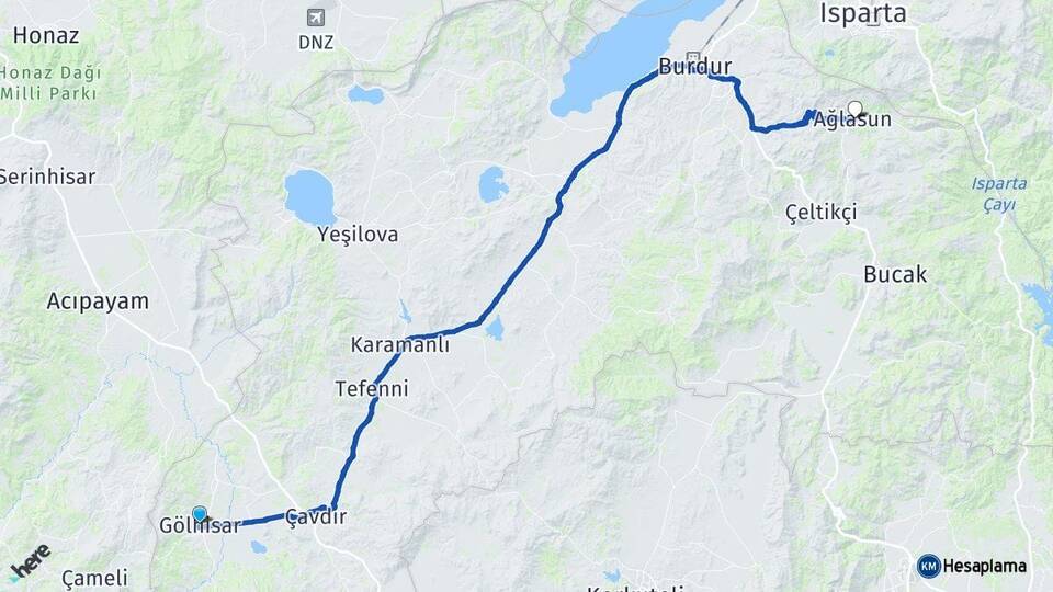 Burdur Gölhisar Ağlasun Arası Kaç Km - Yol Haritası