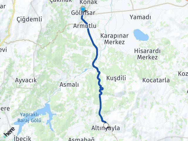 Burdur Gölhisar Altınyayla Arası Kaç Km - Yol Haritası