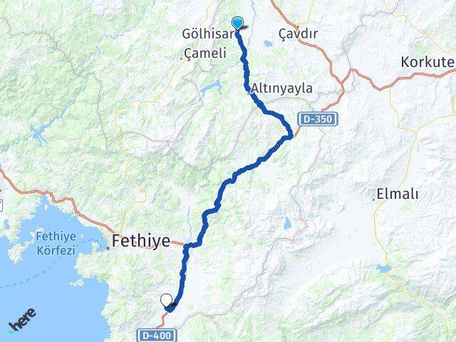Burdur Gölhisar Arifler Seydikemer Muğla Arası Kaç Km - Yol Haritası