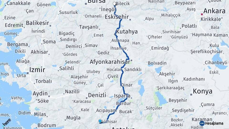 Burdur Gölhisar Bilecik Arası Kaç Km - Yol Haritası