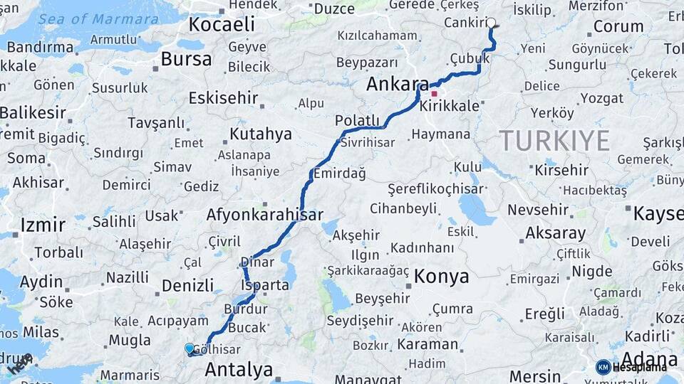 Burdur Gölhisar Çankırı Arası Kaç Km - Yol Haritası