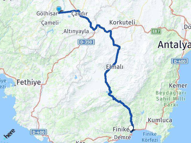 Burdur Gölhisar Finike Antalya Arası Kaç Km - Yol Haritası