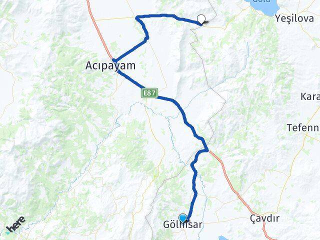 Burdur Gölhisar Güney Yeşilova Arası Kaç Km - Yol Haritası