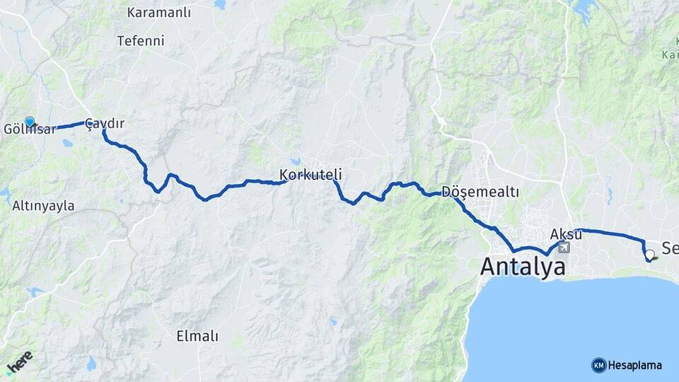 Burdur Gölhisar Kadriye Serik Antalya Arası Kaç Km - Yol Haritası