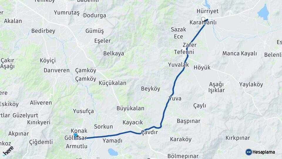Burdur Gölhisar Karamanlı Arası Kaç Km - Yol Haritası