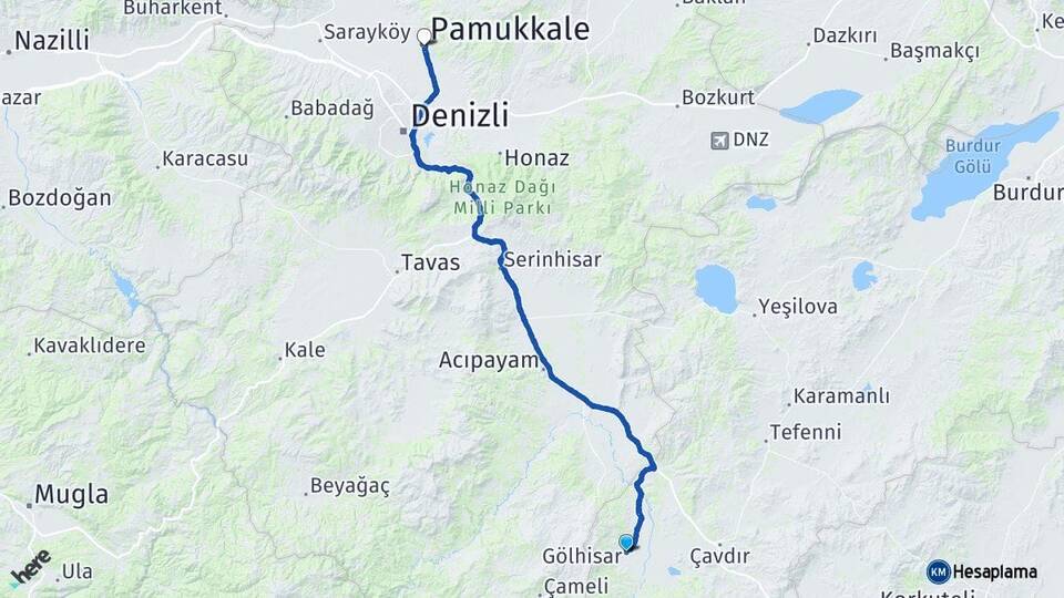 Burdur Gölhisar Pamukkale Denizli Arası Kaç Km - Yol Haritası