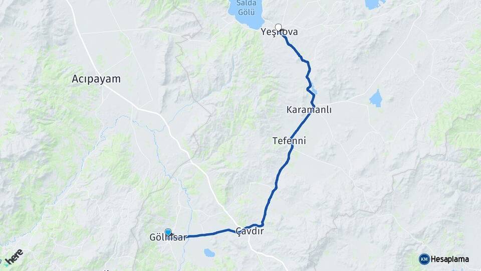 Burdur Gölhisar Yeşilova Arası Kaç Km - Yol Haritası