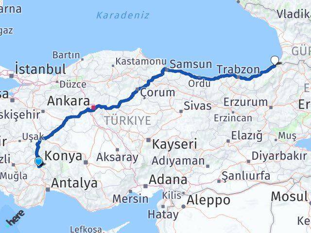 Burdur Hopa Artvin Arası Kaç Km - Yol Haritası