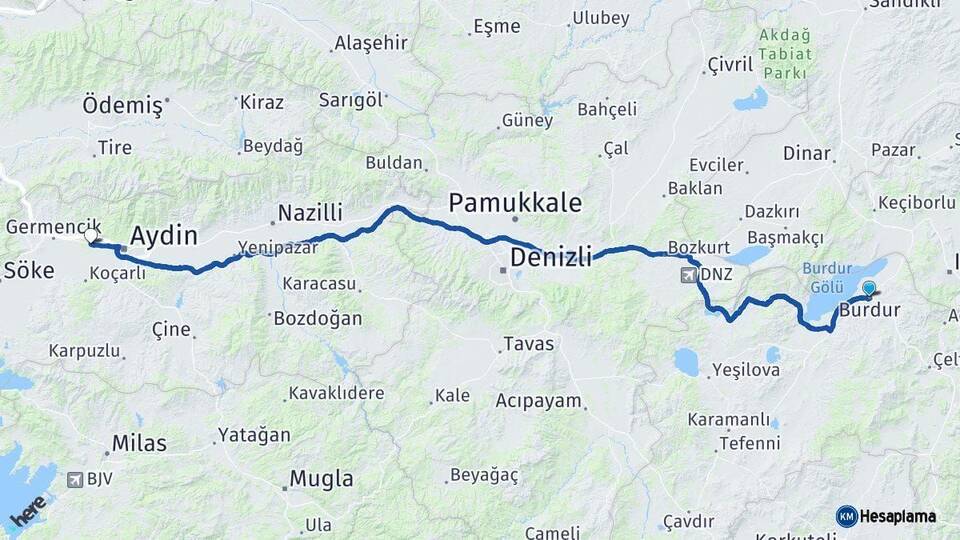 Burdur İncirliova Aydın Arası Kaç Km - Yol Haritası
