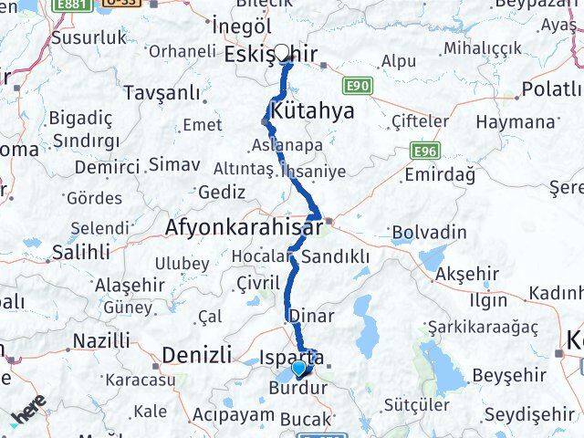 Burdur İnönü Eskişehir Arası Kaç Km - Yol Haritası