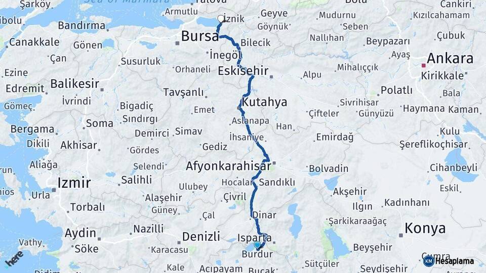 Burdur İznik Bursa Arası Kaç Km - Yol Haritası