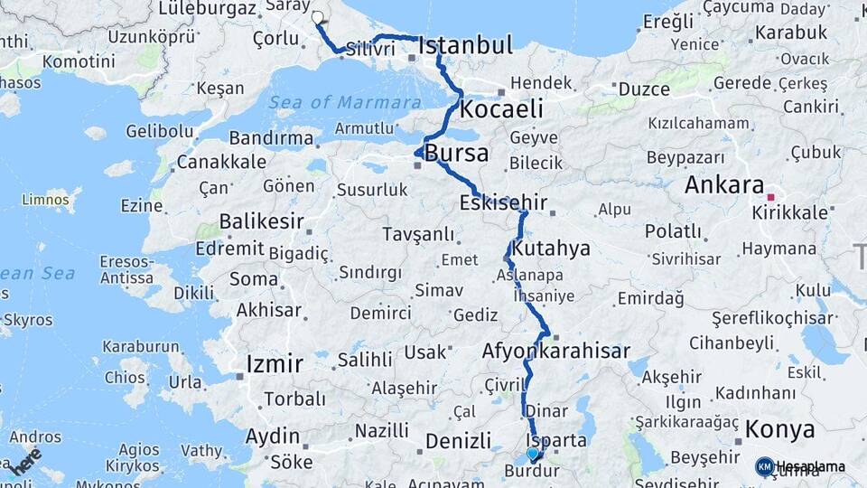 Burdur Kapaklı Tekirdağ Arası Kaç Km - Yol Haritası