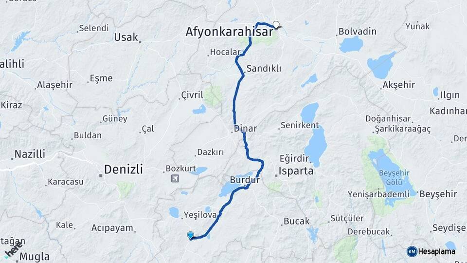 Burdur Karamanlı Afyonkarahisar Arası Kaç Km - Yol Haritası