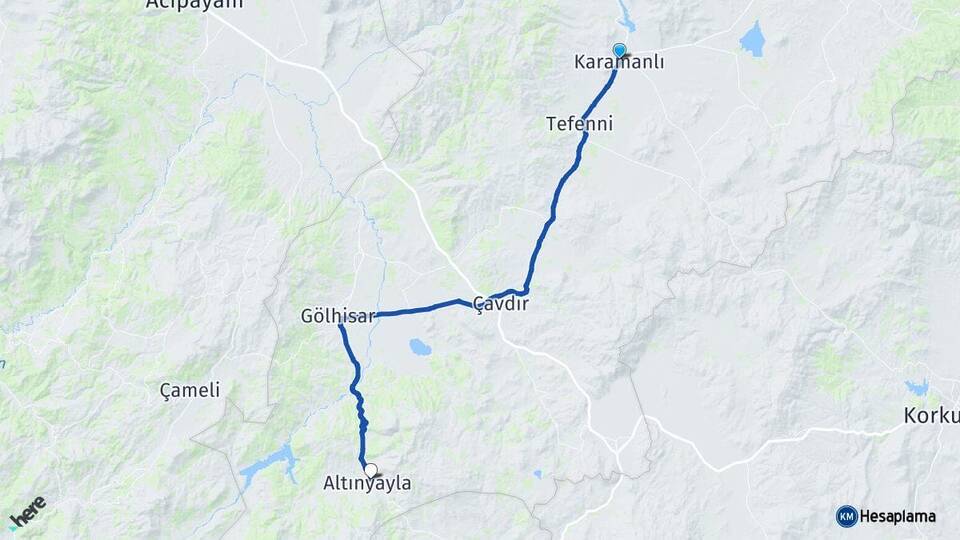 Burdur Karamanlı Altınyayla Arası Kaç Km - Yol Haritası
