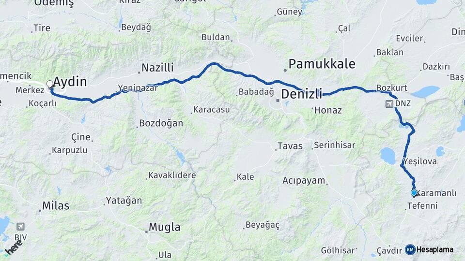 Burdur Karamanlı Aydın Arası Kaç Km - Yol Haritası