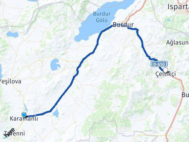 Burdur Karamanlı Çeltikçi Arası Kaç Km - Yol Haritası