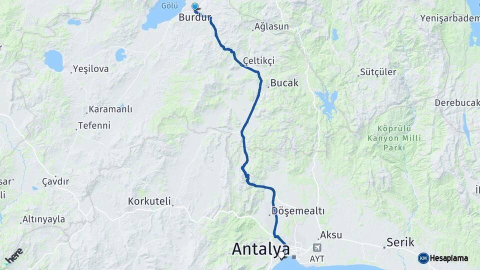 Burdur Konyaaltı Antalya Arası Kaç Km - Yol Haritası