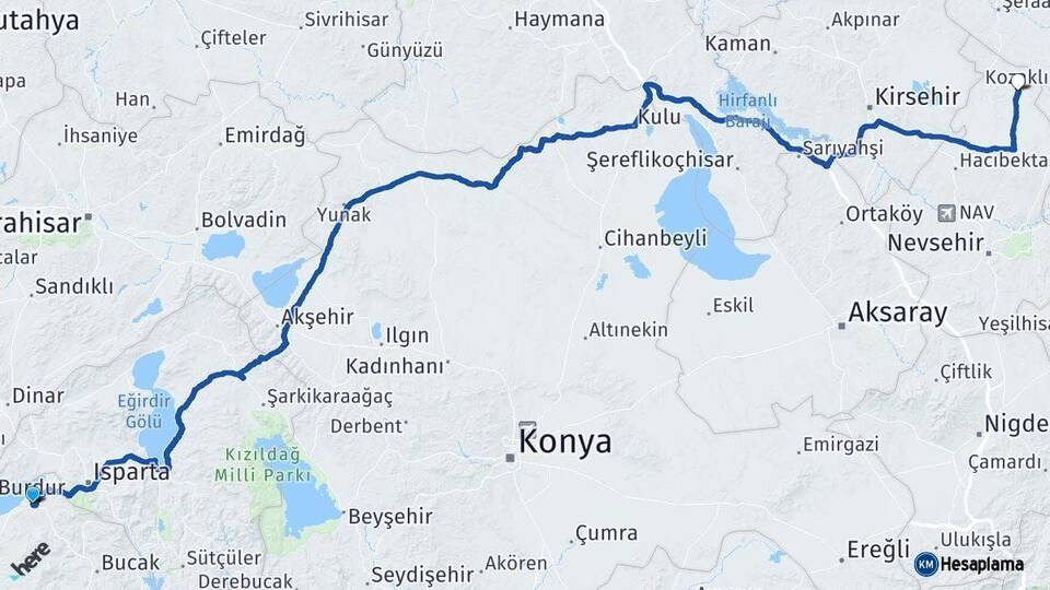 Burdur Kozaklı Nevşehir Arası Kaç Km - Yol Haritası