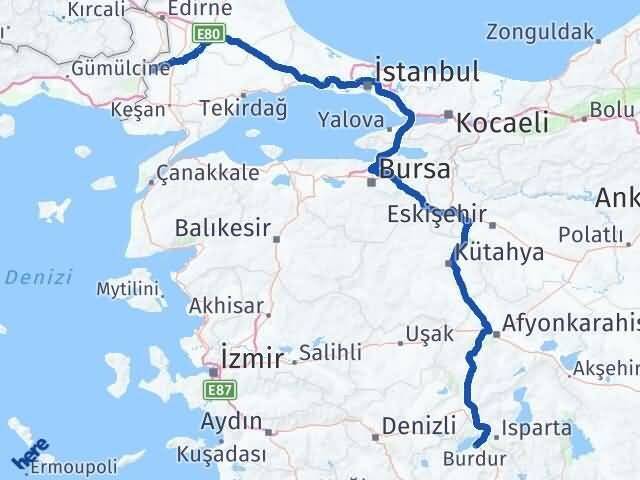 Burdur Meriç Edirne Arası Kaç Km - Yol Haritası