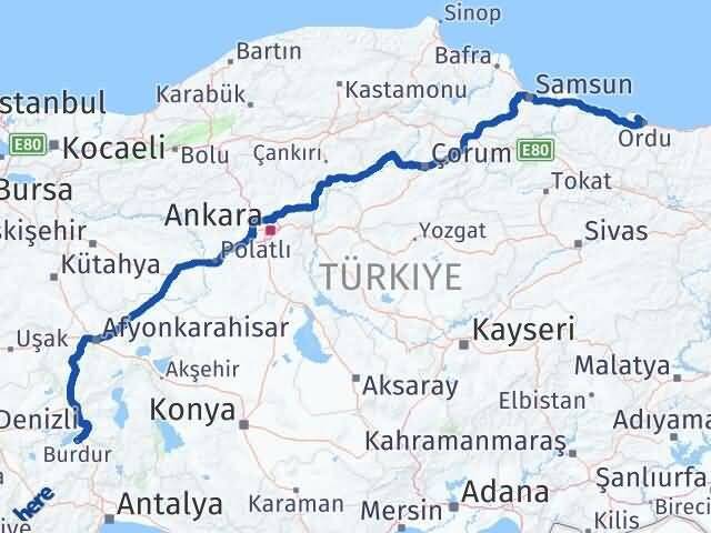 Burdur Perşembe Ordu Arası Kaç Km - Yol Haritası
