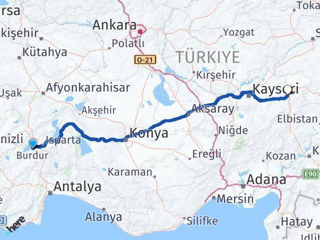 Burdur Pınarbaşı Kayseri Arası Kaç Km - Yol Haritası