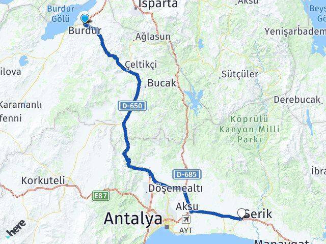 Burdur Serik Antalya Arası Kaç Km - Yol Haritası