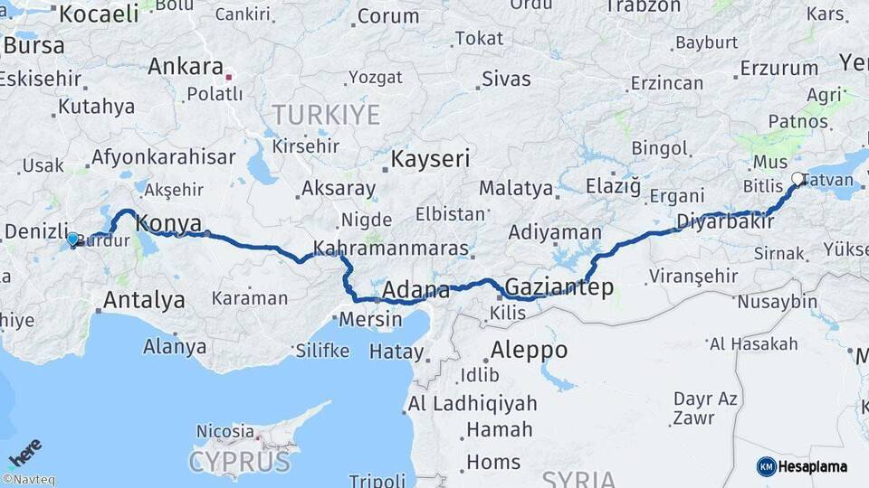 Burdur Tatvan Bitlis Arası Kaç Km - Yol Haritası