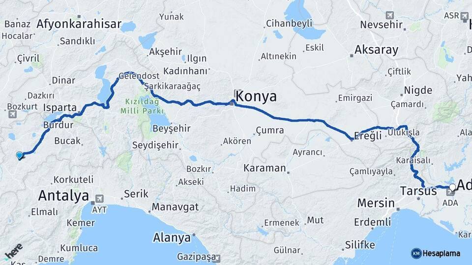 Burdur Tefenni Adana Arası Kaç Km - Yol Haritası