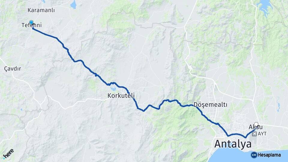 Burdur Tefenni Aksu Antalya Arası Kaç Km - Yol Haritası