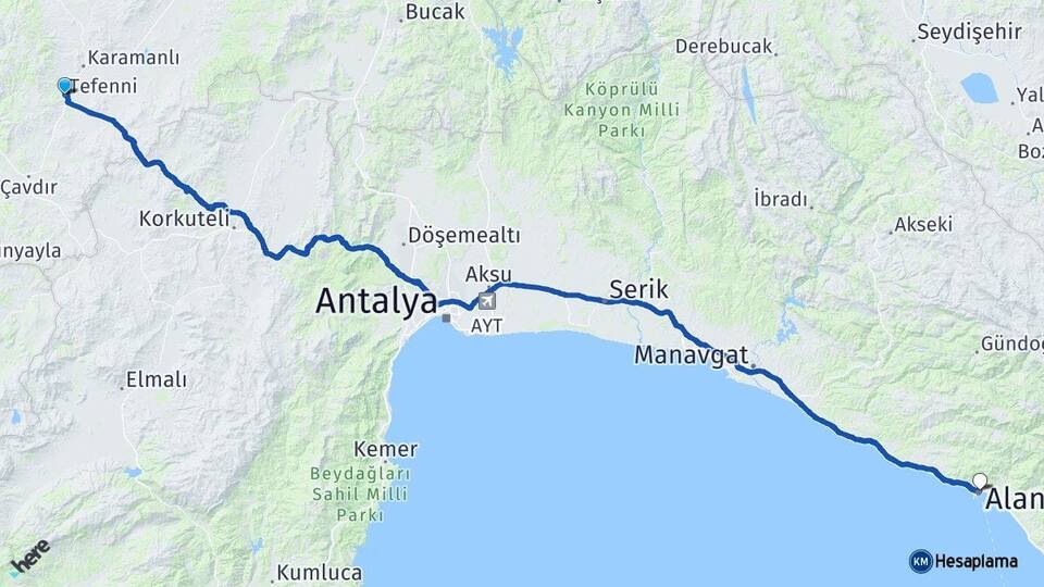 Burdur Tefenni Alanya Antalya Arası Kaç Km - Yol Haritası