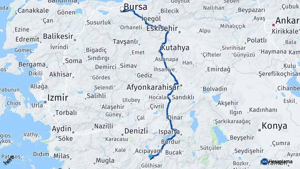 Burdur Tefenni Bursa Arası Kaç Km - Yol Haritası