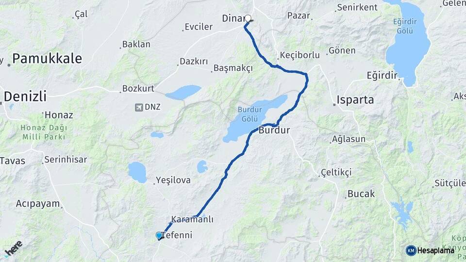 Burdur Tefenni Dinar Afyonkarahisar Arası Kaç Km - Yol Haritası