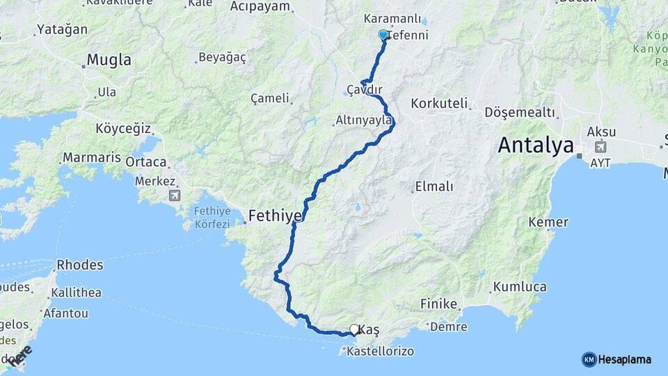Burdur Tefenni Kaş Antalya Arası Kaç Km - Yol Haritası