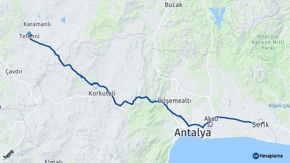 Burdur Tefenni Serik Antalya Arası Kaç Km - Yol Haritası