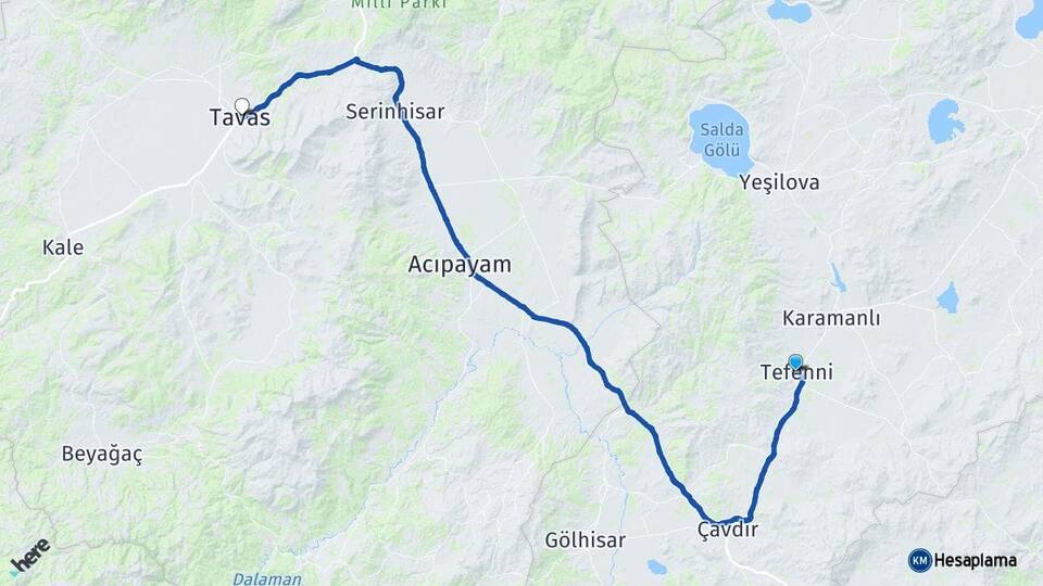 Burdur Tefenni Tavas Denizli Arası Kaç Km - Yol Haritası