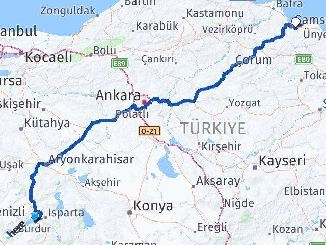 Burdur Tekkeköy Samsun Arası Kaç Km - Yol Haritası