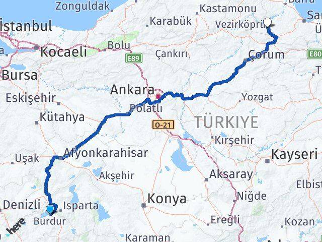 Burdur Vezirköprü Samsun Arası Kaç Km - Yol Haritası