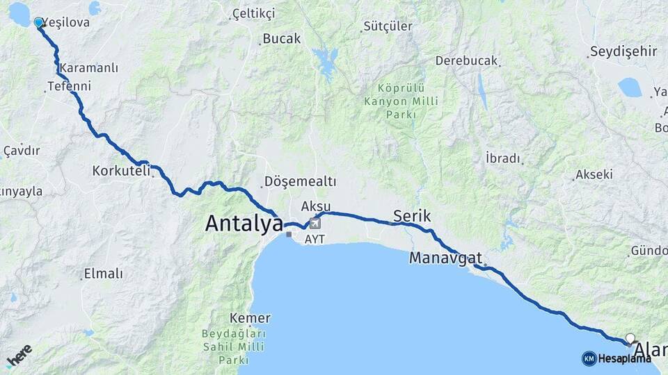 Burdur Yeşilova Alanya Antalya Arası Kaç Km - Yol Haritası