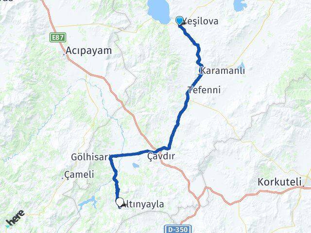 Burdur Yeşilova Altınyayla Arası Kaç Km - Yol Haritası