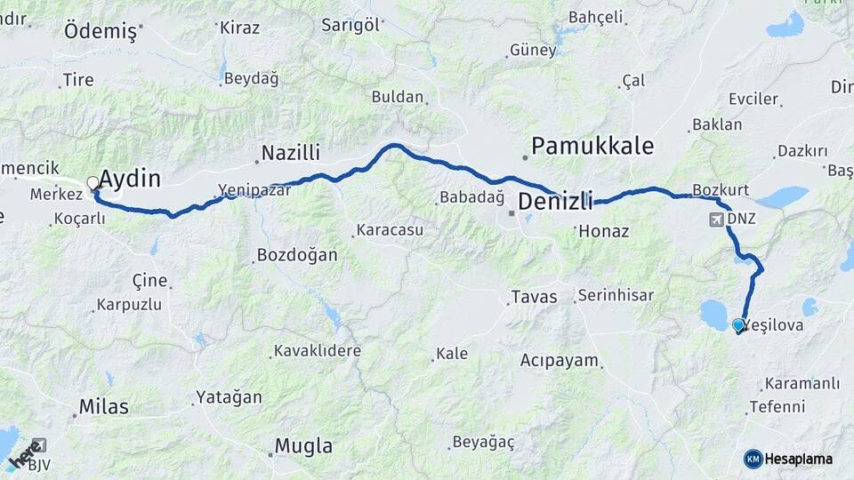 Burdur Yeşilova Aydın Arası Kaç Km - Yol Haritası