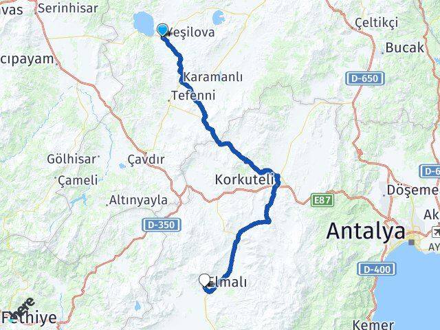 Burdur Yeşilova Elmalı Antalya Arası Kaç Km - Yol Haritası