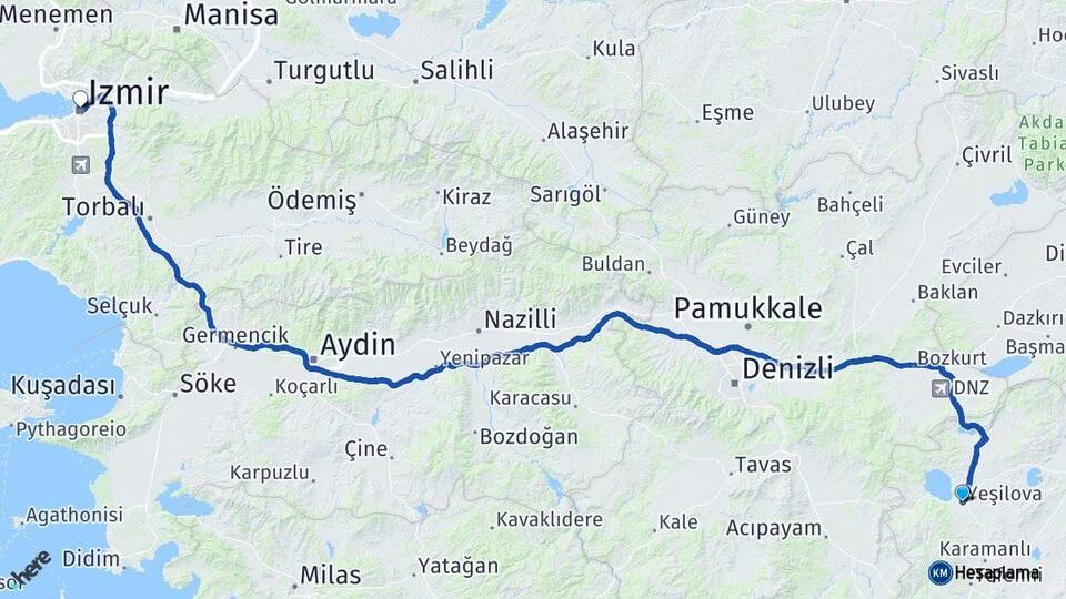 Burdur Yeşilova İzmir Arası Kaç Km - Yol Haritası