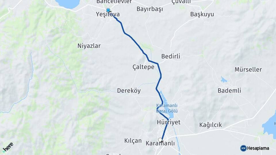 Burdur Yeşilova Karamanlı Arası Kaç Km - Yol Haritası