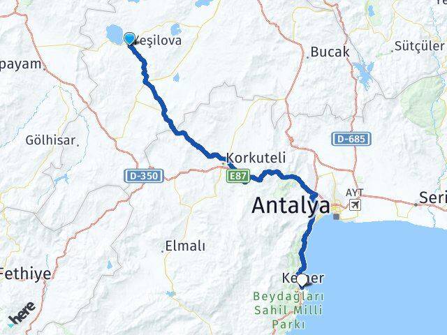 Burdur Yeşilova Kemer Antalya Arası Kaç Km - Yol Haritası