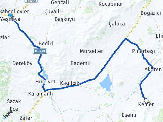 Burdur Yeşilova Kemer Arası Kaç Km - Yol Haritası